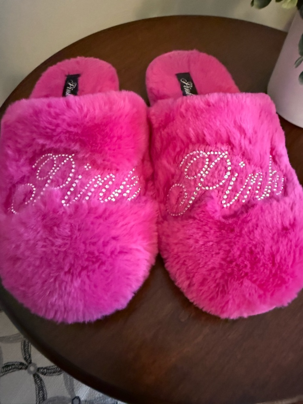 PINK Victoria's Secret Hot Pink Furry Rhinestone Logo Slippers
